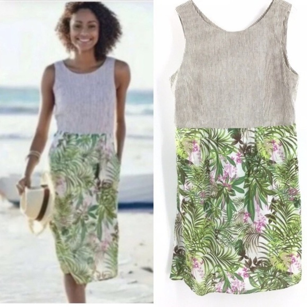 J. Jill Linen Cotton Tropical Floral Striped Midi Vacation Dress Tan Green M - Picture 2 of 11